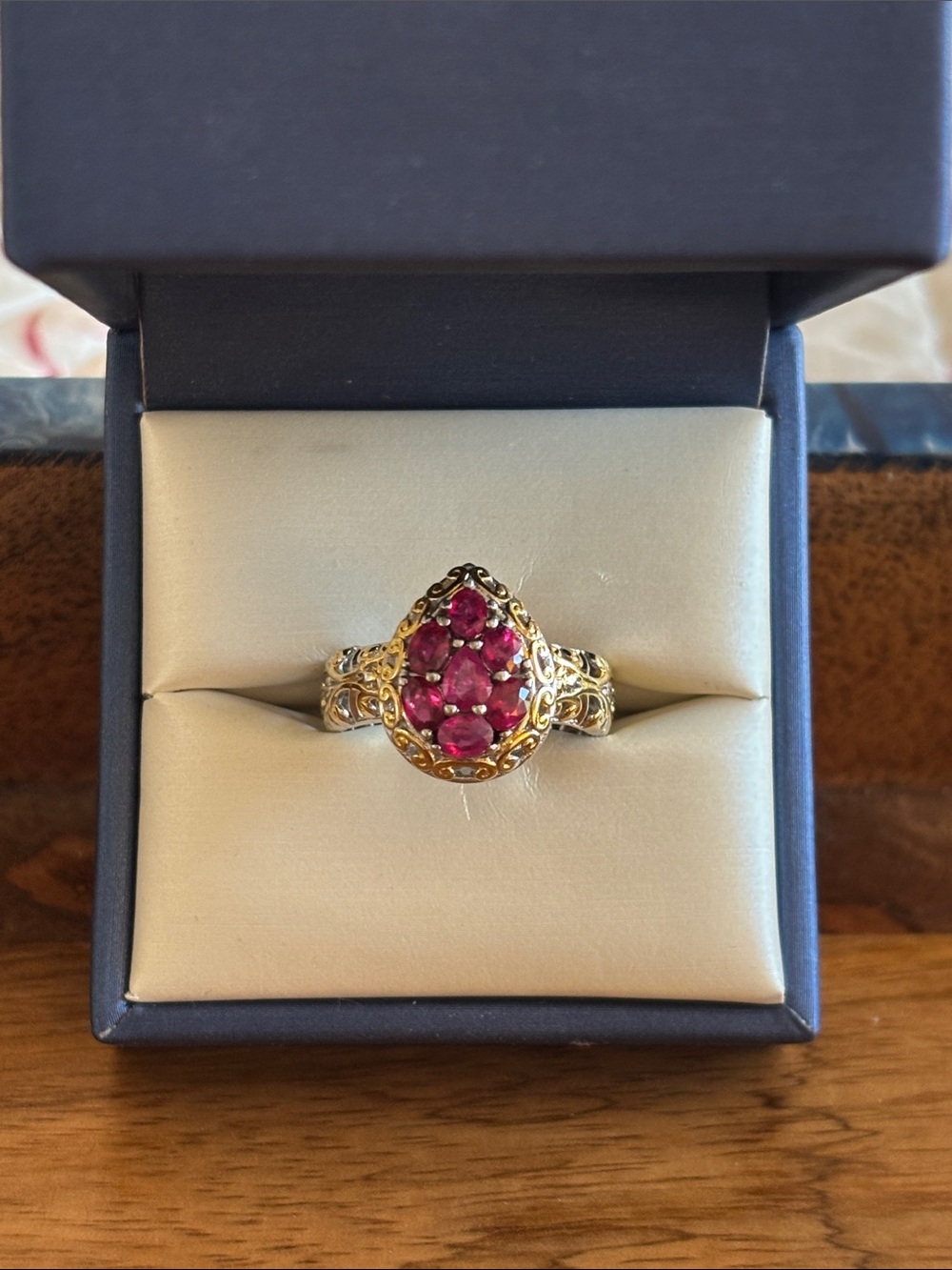Sterling Silver 925 and 1.77 CT Burmese Ruby Pear-Shaped Cluster Ring SZ 9
